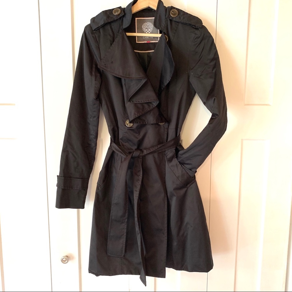 Vince Camuto black trench with ruffle detail